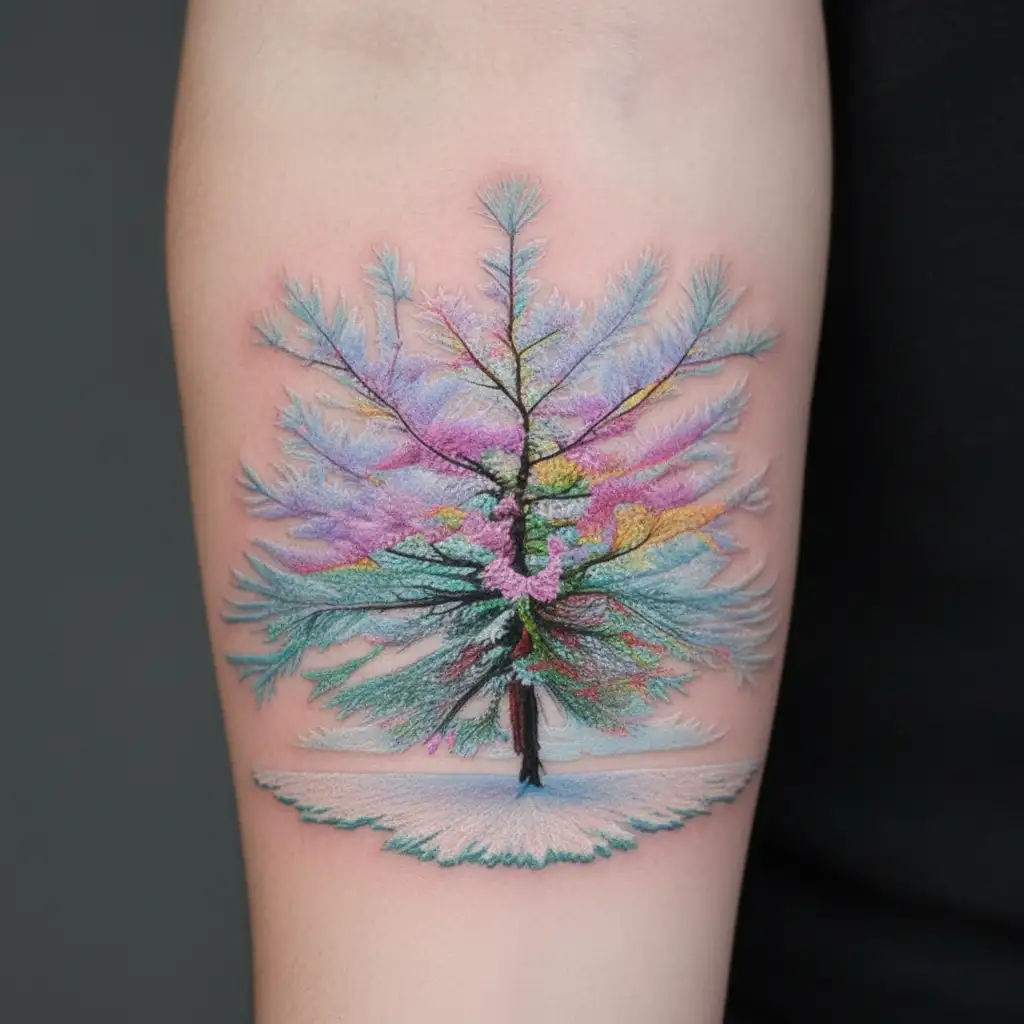 canadian larch tree with LSD molecule and owl created from the branches tattoo design idea