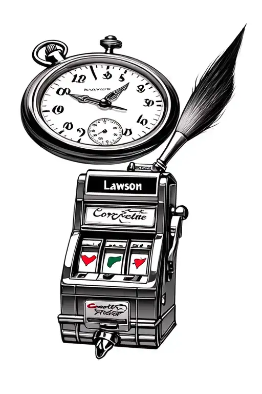 Lawson calligraphy brush with pocket watch, corvette emblem, slot machine tattoo design idea