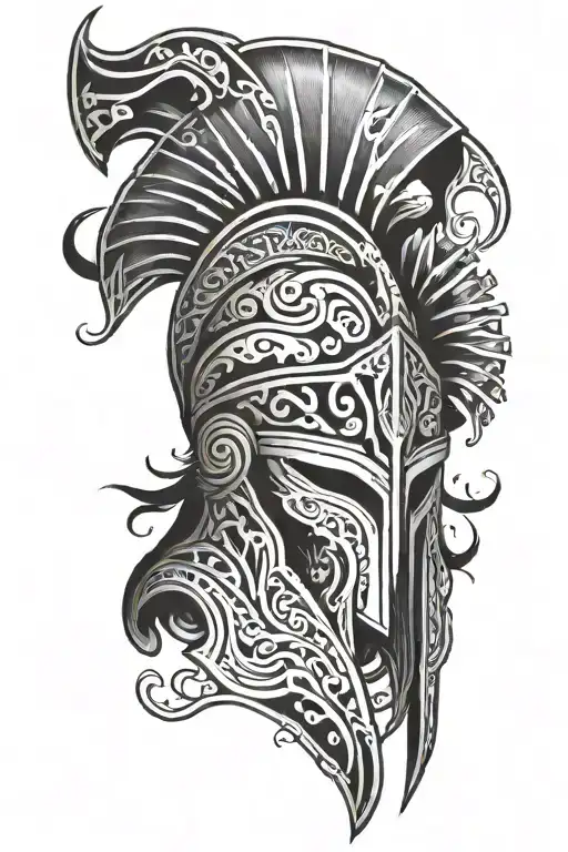 a broken spartan helmet with greek and tribal designs around it  tattoo design idea
