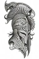 a broken spartan helmet with greek and tribal designs around it  tattoo design idea