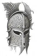 a broken spartan helmet with greek and tribal designs around it  tattoo design idea