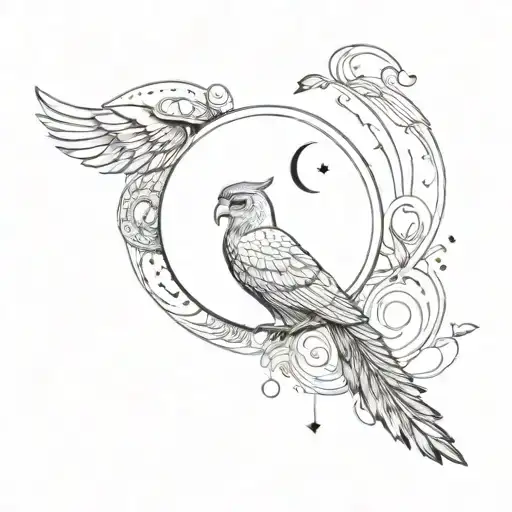 heart on sea foam, ancient Roman coin, owl, cornucopia, wings, peacock feather, bow and arrow behind moon, small torch. tattoo design idea