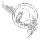 heart on sea foam, ancient Roman coin, owl, cornucopia, wings, peacock feather, bow and arrow behind moon, small torch. tattoo design idea