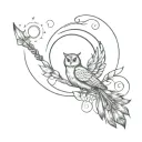 heart on sea foam, ancient Roman coin, owl, cornucopia, wings, peacock feather, bow and arrow behind moon, small torch. tattoo design idea