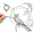 heart on sea foam, ancient Roman coin, owl, cornucopia, wings, peacock feather, bow and arrow behind moon, small torch. tattoo design idea
