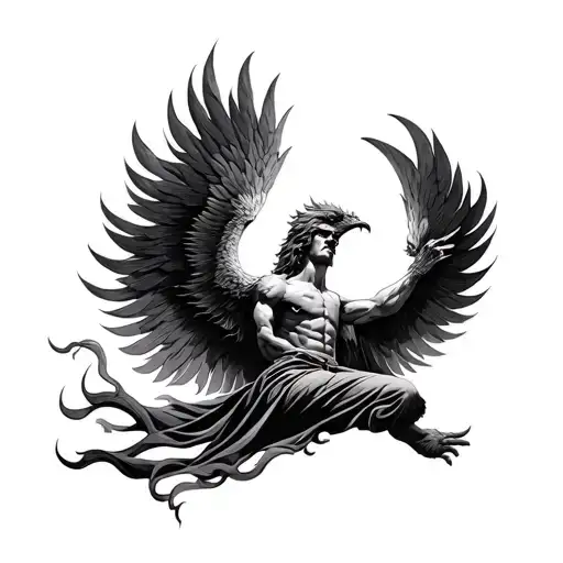 rising Phoenix from a laying man in black and gray tattoo design idea