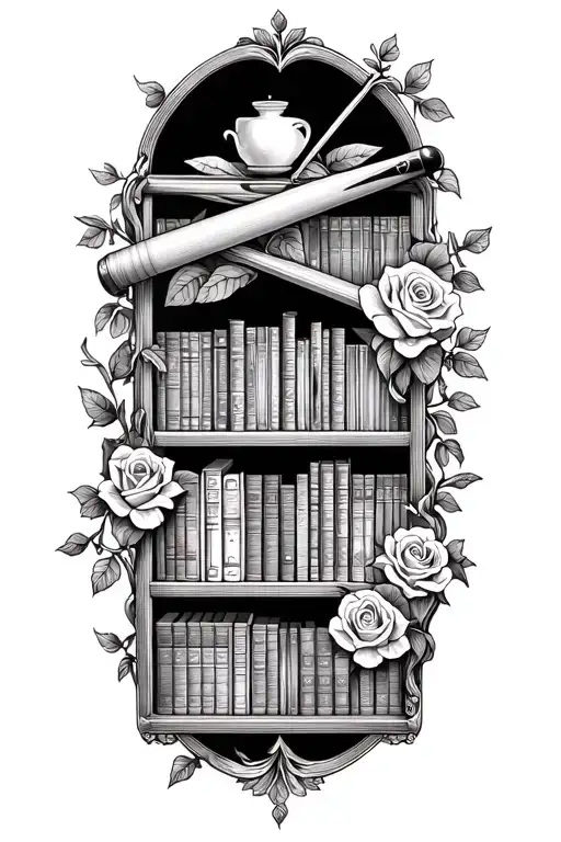 A unique tattoo design of a bookshelf filled with books and a pool cue intertwined with vines and roses, blending the client's love for reading, billiards, and dark romance tattoo design idea