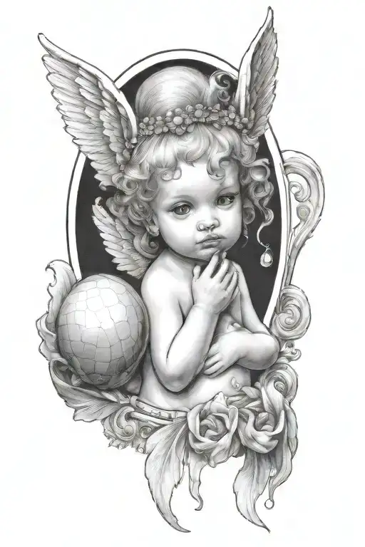A baby angel with two horns above her head ,holding a diamond a shell which has a pearl in it  tattoo design idea