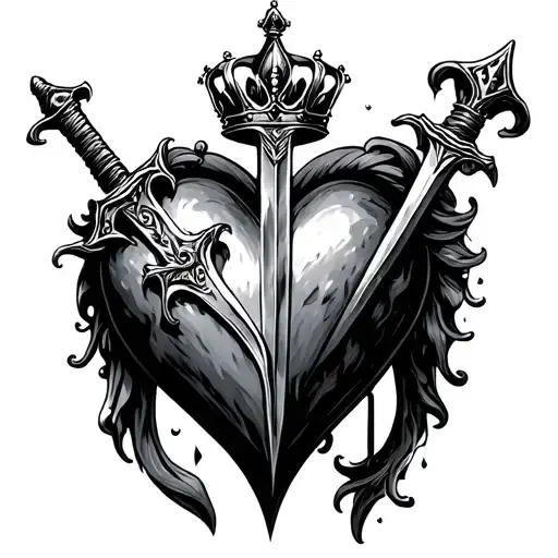 sword of domales through a heart with a crown on it tattoo design idea