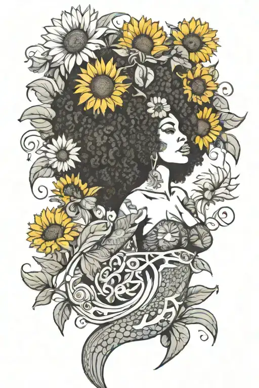 afro mermaid with sunflowers growing tattoo design idea