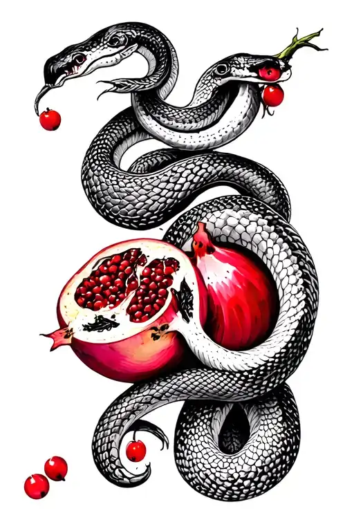 Sleeve, several pieces of black and white snakes with cut pomegranates that have red berries tattoo design idea