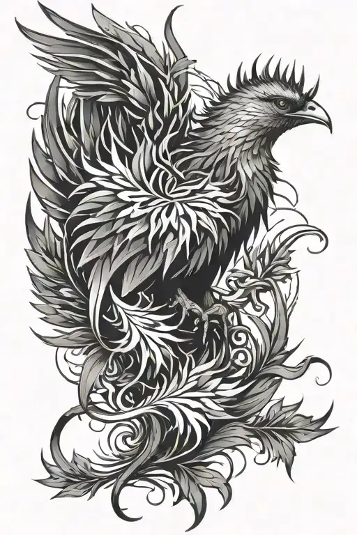 Tattoo composition Thistle, Phoenix, Fire, S, 21, Tech, Cyber, Metal, Sharp edges, futuristic tattoo design idea