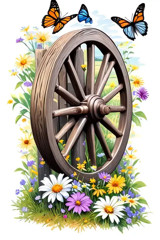 wagon wheel leaning on fence post surrounded by flowers and butterflies  with countryside in background tattoo design idea