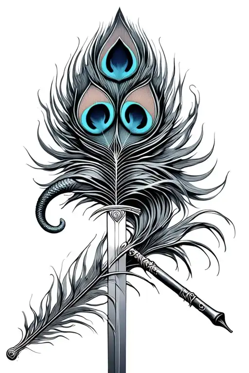 serpent around sword peacock feather and flute tattoo design idea
