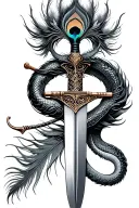 serpent around sword peacock feather and flute tattoo design idea
