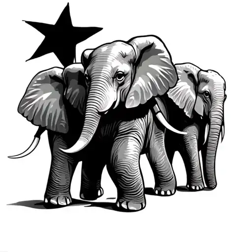 faniky of elephants holding trunks following a star. mum at the front and dad at the back tattoo design idea