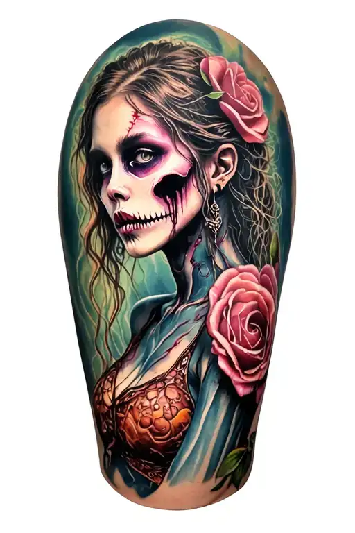 pretty lady zombie tattoo design idea
