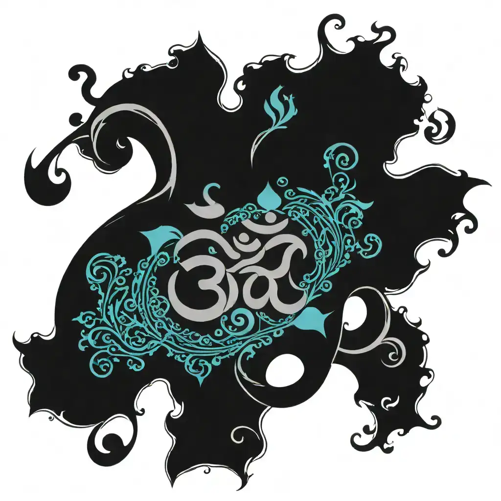 Design a spiritual hand tattoo featuring the 'Om' symbol at the center, using bold black ink. The design flows downward with elegant, curving lines and includes a stylized infinity loop beneath the 'Om' symbol. Three small dots are placed below the design, creating a balanced and symmetrical composition. The tattoo is placed on the side of the hand, extending from the base of the thumb toward the wrist. The overall look is spiritual and minimalist, with a focus on clean, flowing lines and symbolic elements representing peace and continuity. tattoo design idea