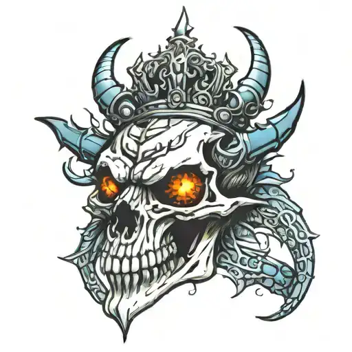 dragon skull wearing crown with glowing eyes tattoo design idea