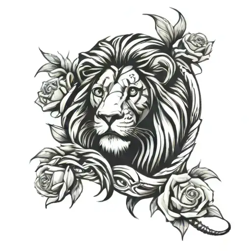 Filipino tribal, lion, roses intertwined tattoo design idea
