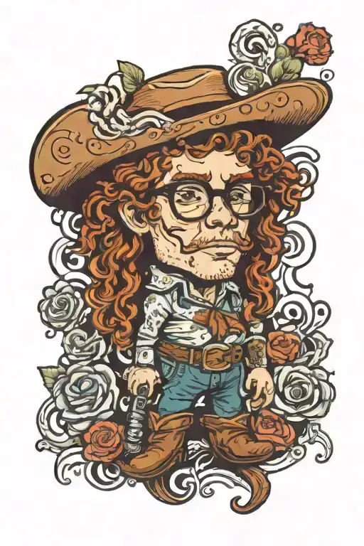a person with small body and big head with short curly ginger hair and glasses, wearing a cowboy boots  tattoo design idea
