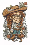 a person with small body and big head with short curly ginger hair and glasses, wearing a cowboy boots  tattoo design idea