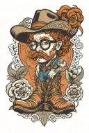 a person with small body and big head with short curly ginger hair and glasses, wearing a cowboy boots  tattoo design idea