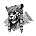 aztec warrior skull wearing jaguar headpiece, with aztec pyramids behind him tattoo design idea