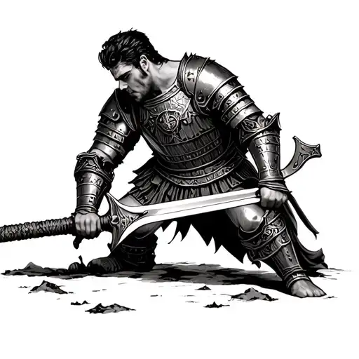 A gladiator in battle-worn armor, holding a sword plunged into the ground, his hands resting on the hilt. tattoo design idea