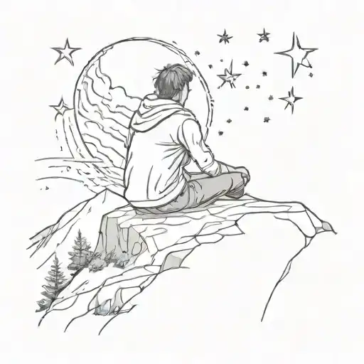 A sketch tattoo of a lone figure sitting on a hill, gazing at the stars symbolizing your solitude tattoo design idea