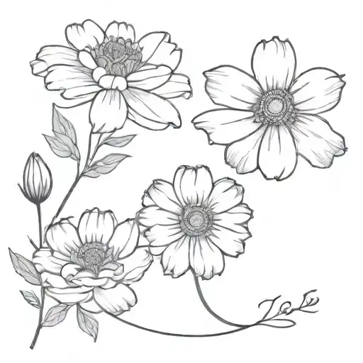 black and white marigold and aster flowers intertwined tattoo design idea