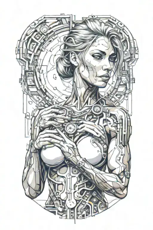 bodybuilder muscular women with technology circuits merging tattoo design idea