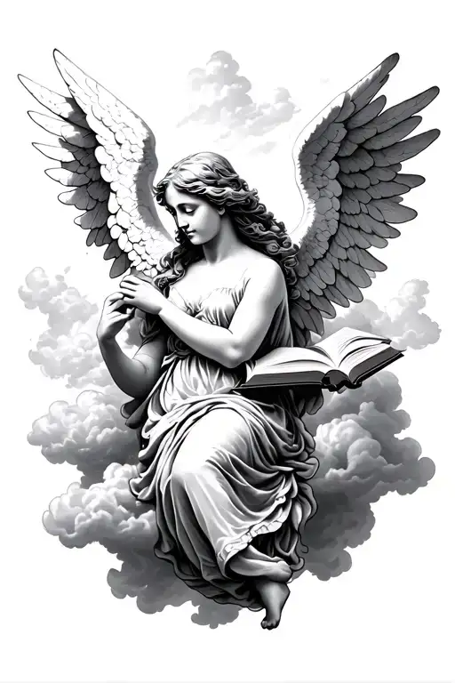 Angel with book floating in clouds realistic tattoo design idea