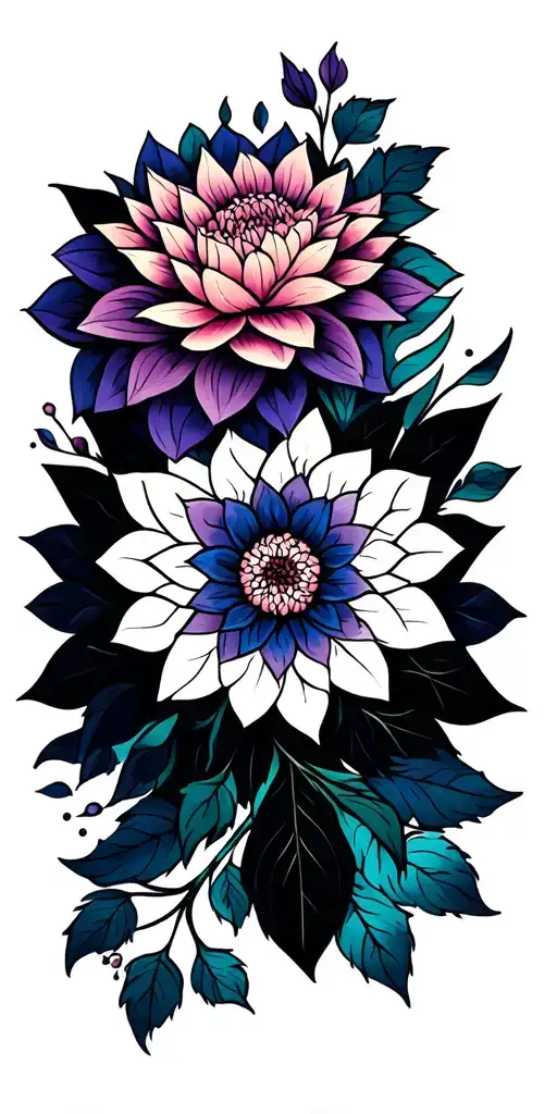 dahlia and mandala arm sleeve with color and geometric aspects tattoo design idea