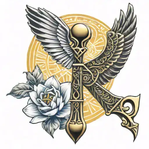 An Egyptian themed tattoo incorporating symbols of energy and growth, such as the Ankh and the Lotus flower tattoo design idea