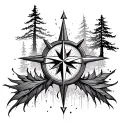 cross with compass and nature elements like trees tattoo design idea
