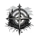 cross with compass and nature elements like trees tattoo design idea