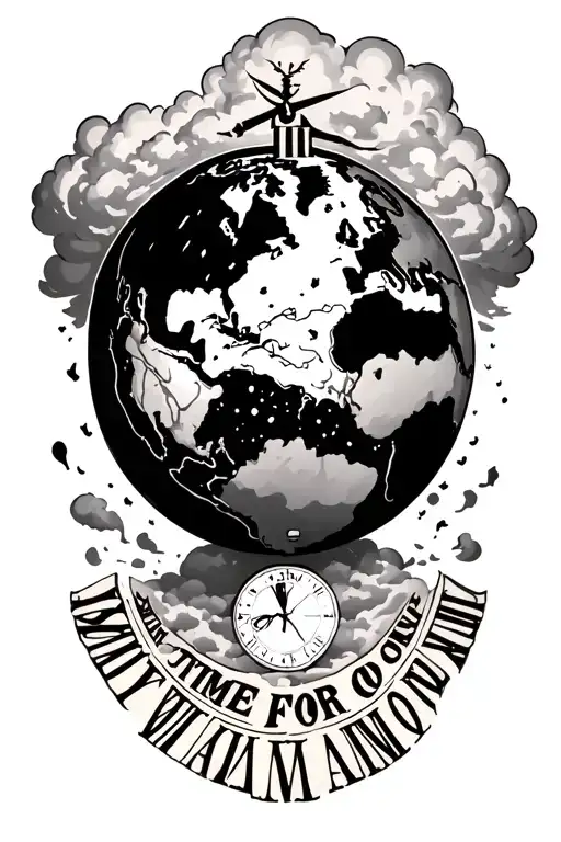 earth with roman numerals around it with the say time wait for no one an cloud  tattoo design idea
