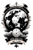 earth with roman numerals around it with the say time wait for no one an cloud  tattoo design idea