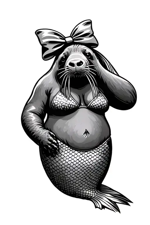 walrus wearing mermaid bikini with a bow on their head thinking they are beautiful tattoo design idea