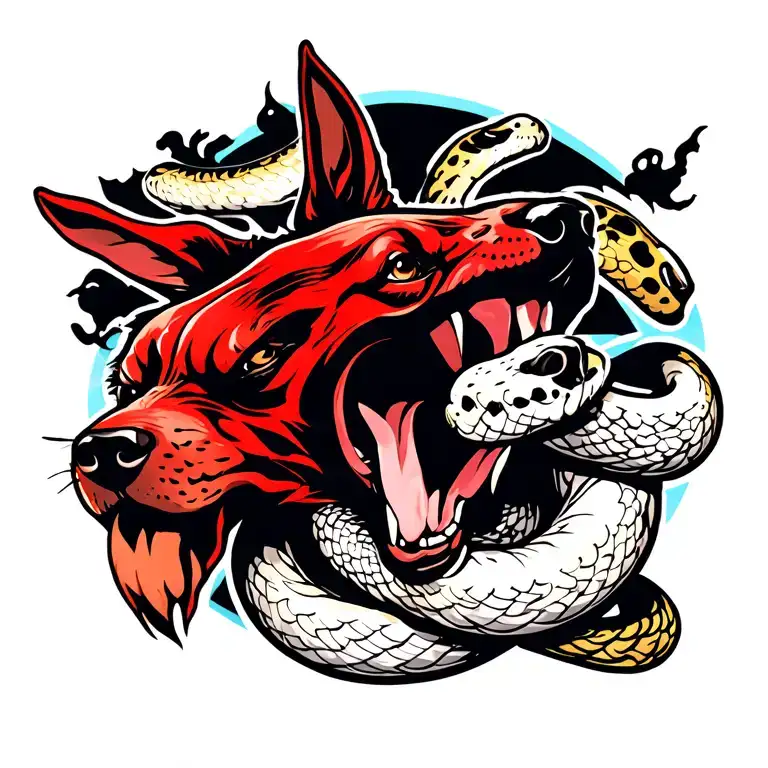 A red pastor dog growling with a white snake with black and yellowish spots rodeanod his neck tattoo design idea