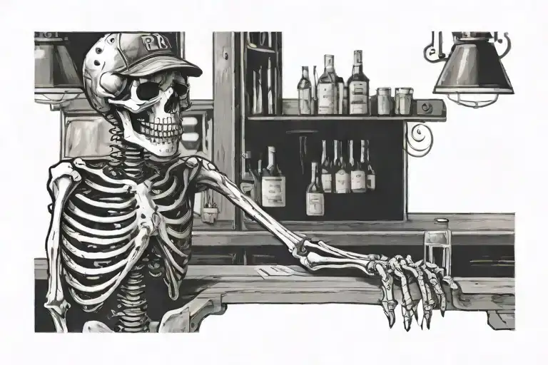 skeleton at an old bar wearing a ball cap tattoo design idea