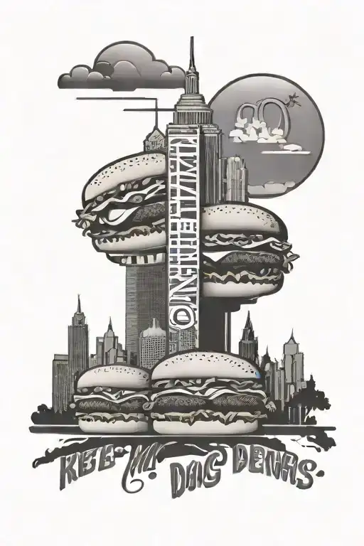 An artistic representation of Kewpee Hamburgers and Coney Dogs with city skyline silhouettes of Lima, Columbus, and Pittsburgh, symbolizing the client's favorite things and places tattoo design idea