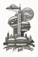 An artistic representation of Kewpee Hamburgers and Coney Dogs with city skyline silhouettes of Lima, Columbus, and Pittsburgh, symbolizing the client's favorite things and places tattoo design idea