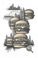 An artistic representation of Kewpee Hamburgers and Coney Dogs with city skyline silhouettes of Lima, Columbus, and Pittsburgh, symbolizing the client's favorite things and places tattoo design idea