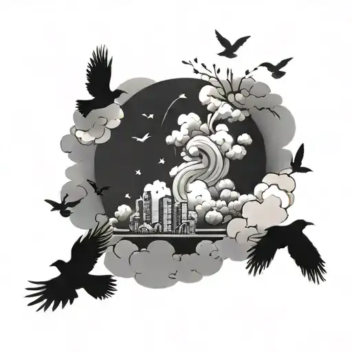 clouds with birds and 999 juice wrld tattoo design idea