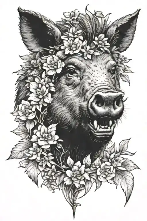 wild boar head surrounded by flowers tattoo design idea