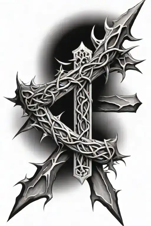 crown of thorns with 3 nails in front of a cross tattoo design idea