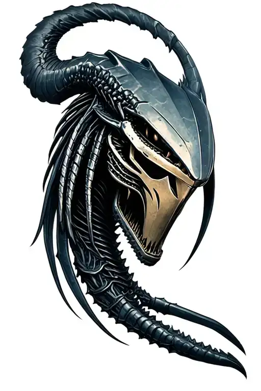 blend Predator head, xenomorph tail, Transformers logo, Metallica M and A tattoo design idea