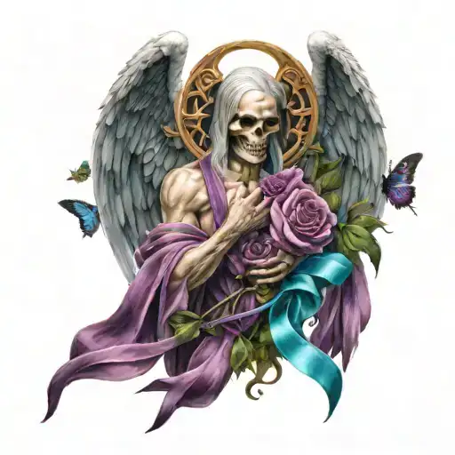 Angel with purple and teal ribbons surrounded by flowers and butterflies fighting against reaper surrounded by skulls tattoo design idea